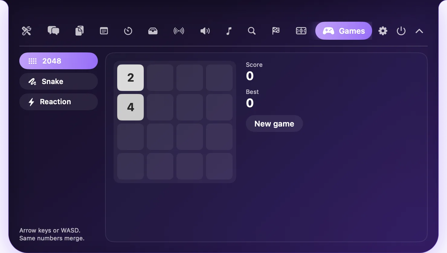 Notch Games: a 2048 board with score and best score, and buttons for Snake and Reaction
