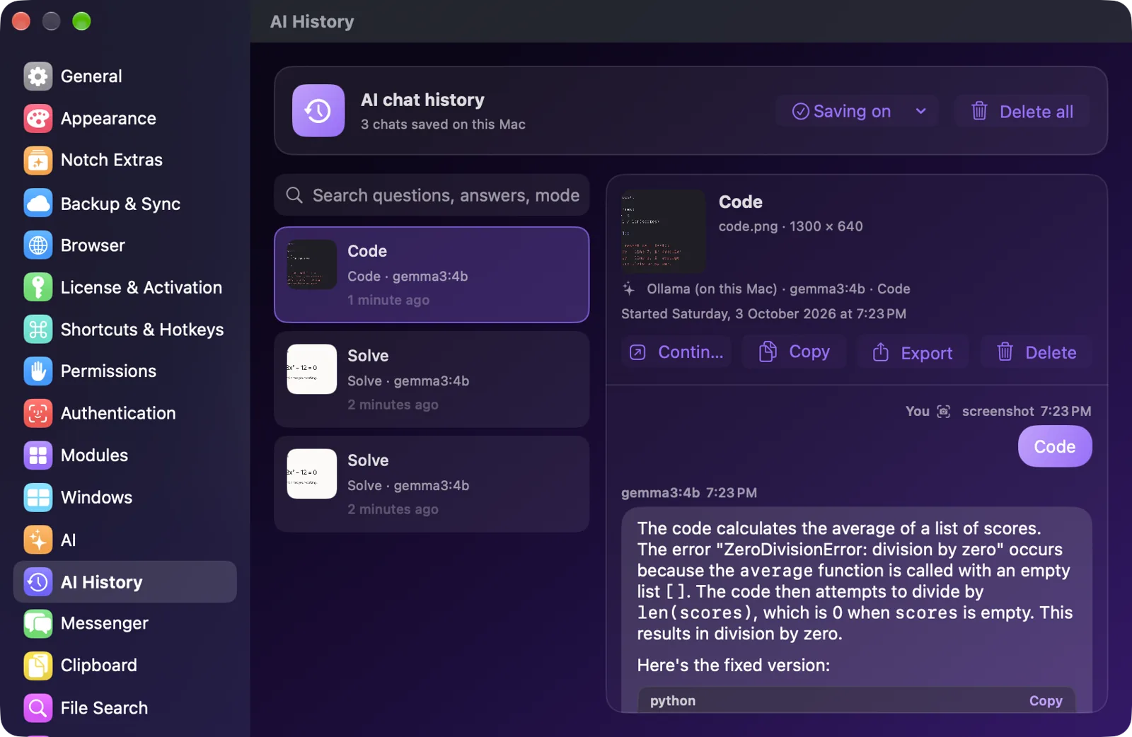 Settings, AI History: a searchable list of past tasks with thumbnails and modes, and the selected Code task with its answer