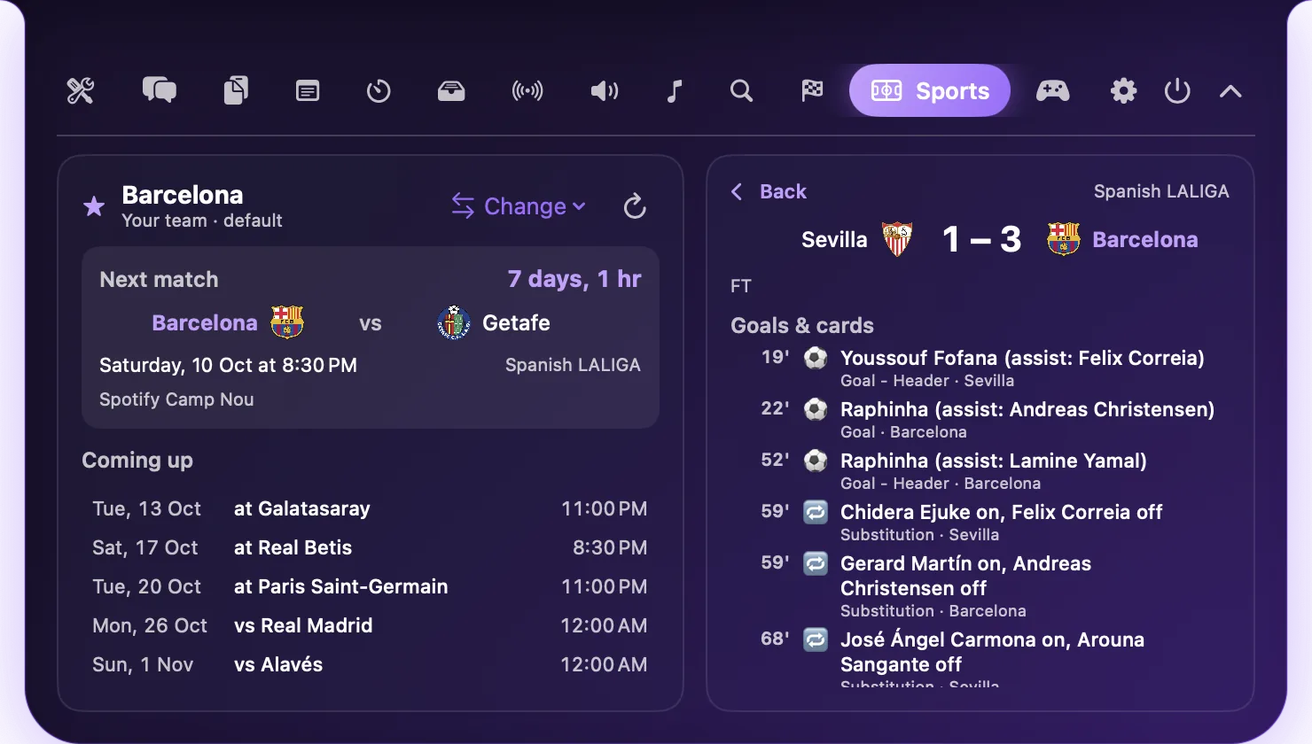 The Sports tab: Barcelona's next match with a countdown, and match details for Sevilla 1-3 Barcelona with goalscorers and substitutions
